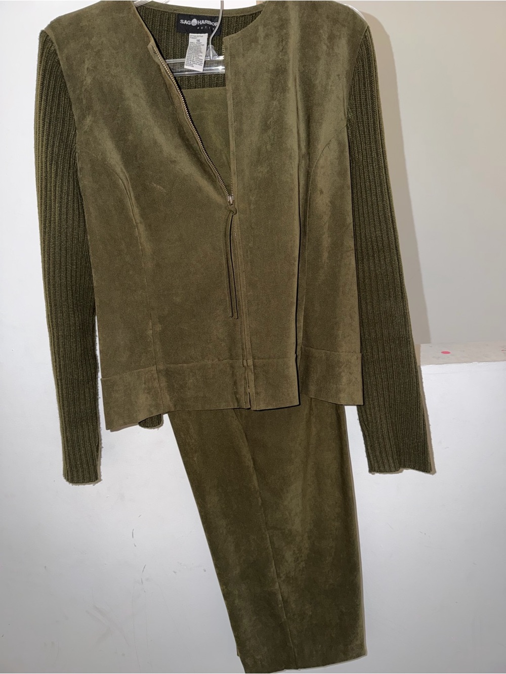 Sag Harbor Olive Green Suede Front Knit Sleeve Two-Piece Set